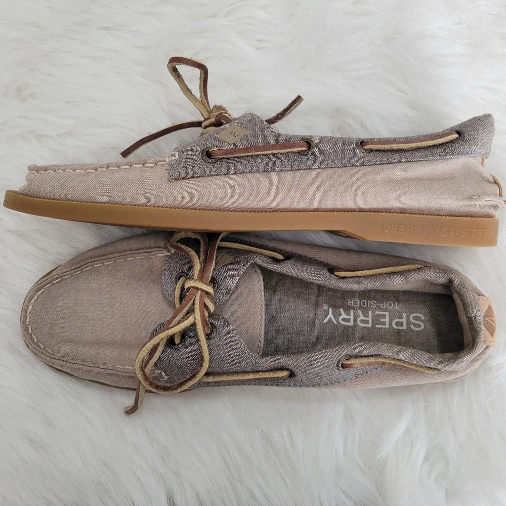 Sperry Top-Sider Boat Shoes Linen & Leather 9 EUC Beige & Blue - Picture 5 of 14